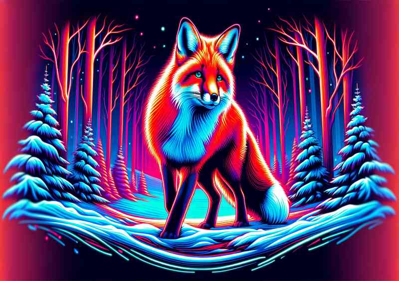 Red fox in a snowy landscape neon art style | Metal Poster