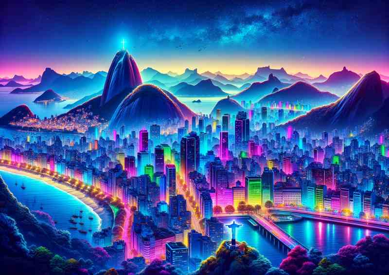 Rio de Janeiro skyline aglow with vibrant neon colors | Metal Poster