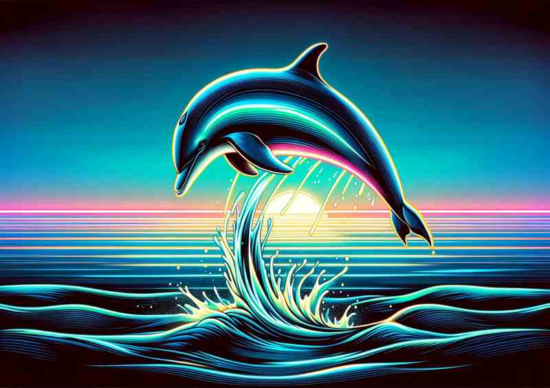 Neon Dolphin Metal Poster: Leaping Ocean Art