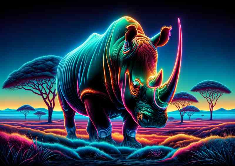 Neon Rhino Metal Poster