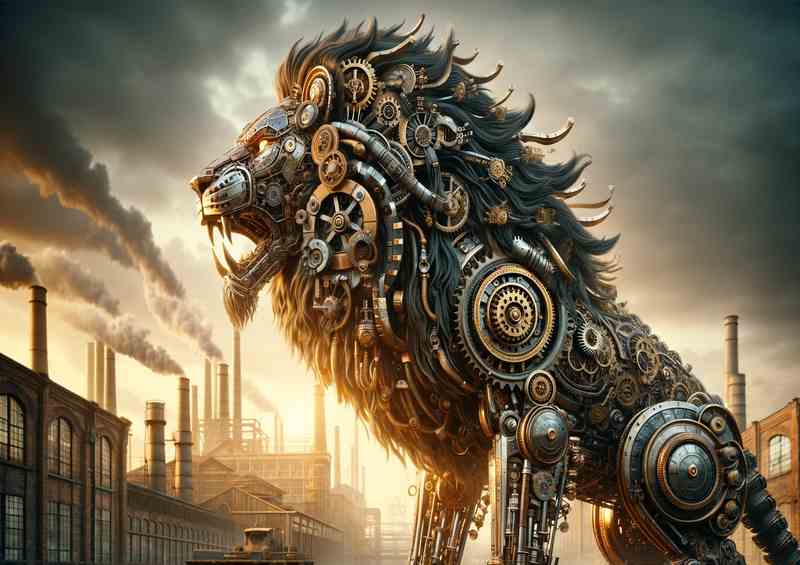 Majestic Mechanical Lion Roars at Dawn | Metal Poster