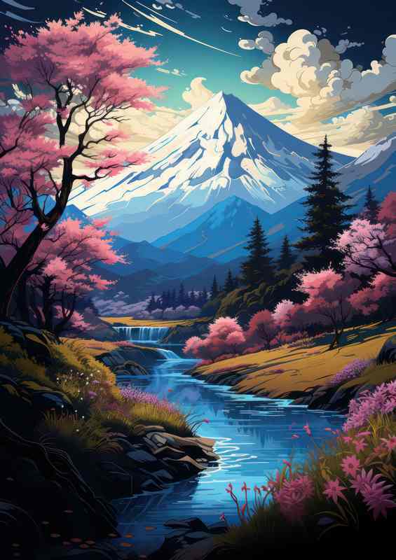 Mountainside Cherry Blossoms Japans Elevated Beauty | Metal Poster