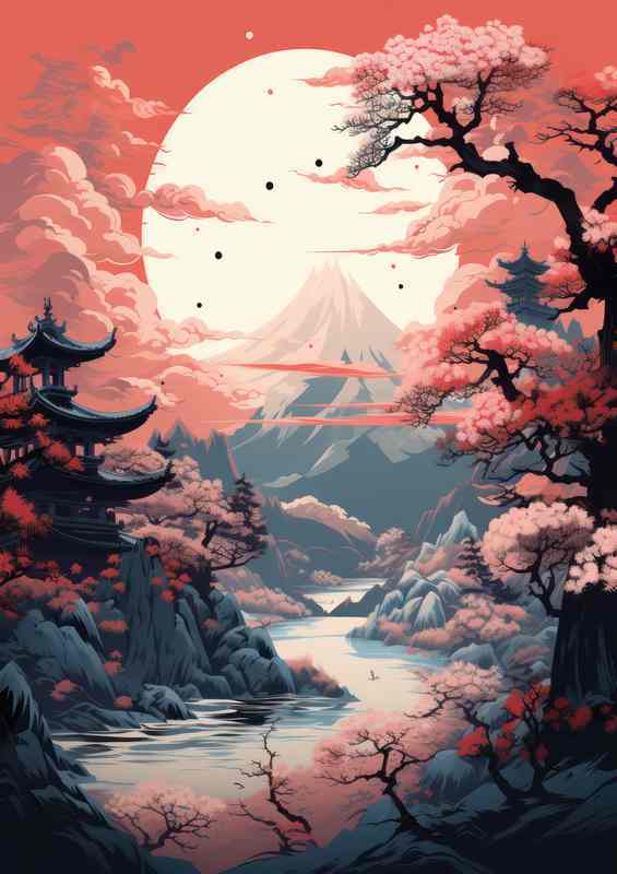 Whispers of Nature Mountains and Cherry Trees in Japan | Metal Poster
