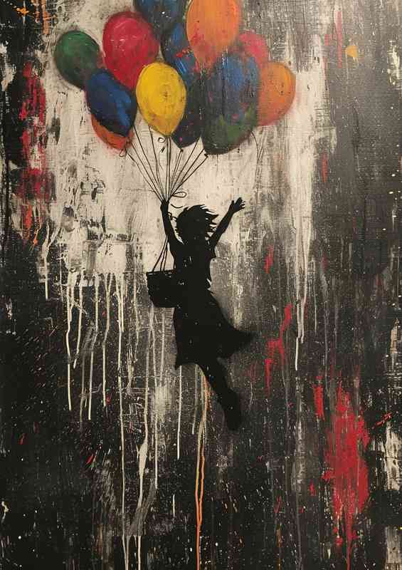 Banksy style girl flying with coloured ballons | Metal Poster
