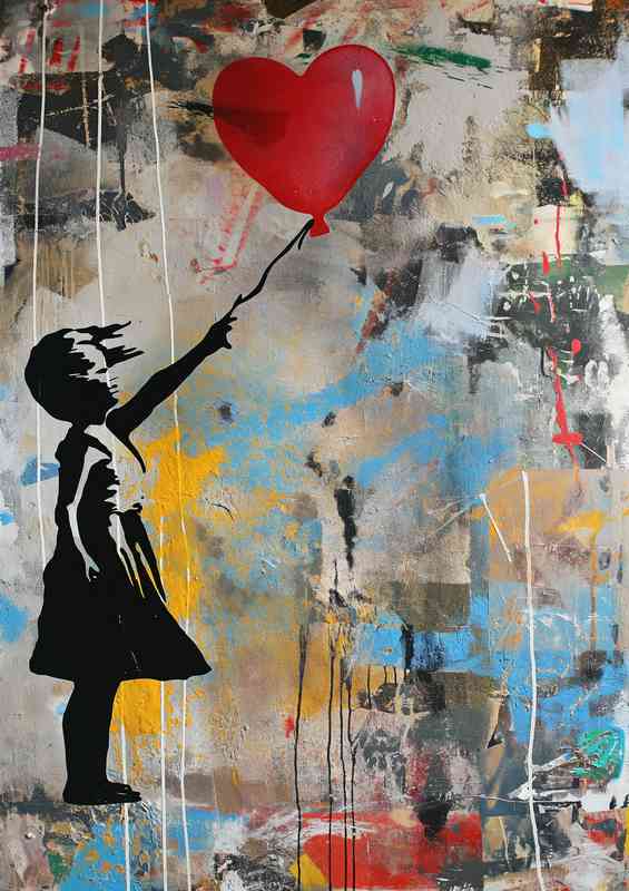 Little girl flying the heart shaped ballon | Metal Poster