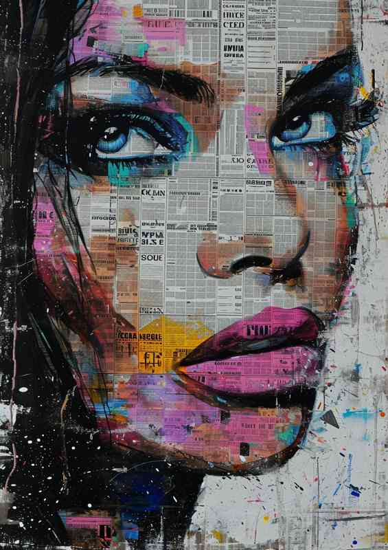 Pink lips and blue eyes street paper art | Metal Poster
