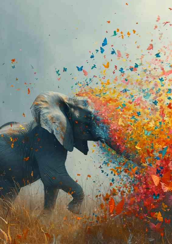 The Elephant spraying butterflies in the sky | Metal Poster
