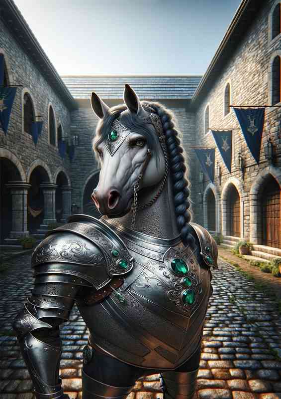 Horse knight in a medieval courtyard | Metal Poster
