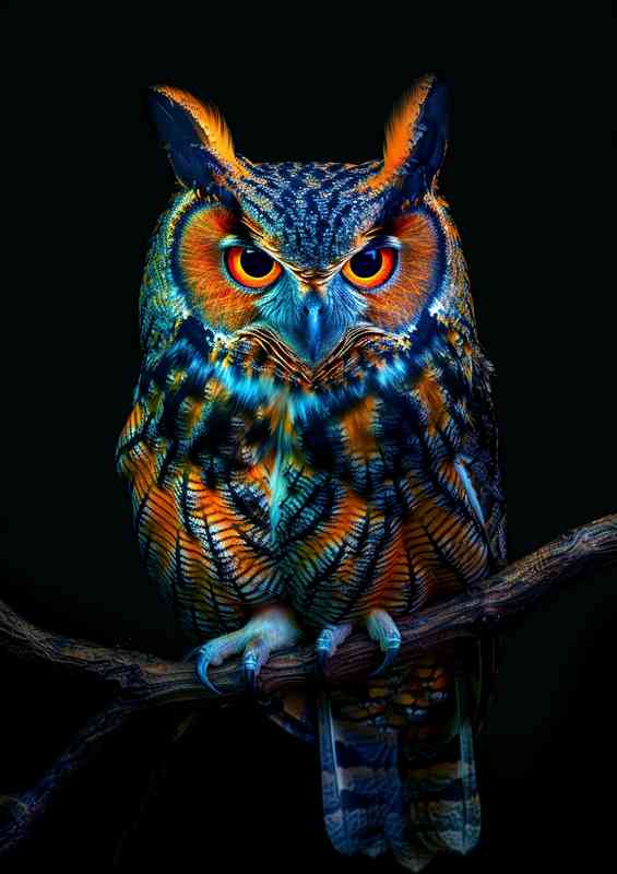Colorful Owl perched on a branch black background | Metal Poster