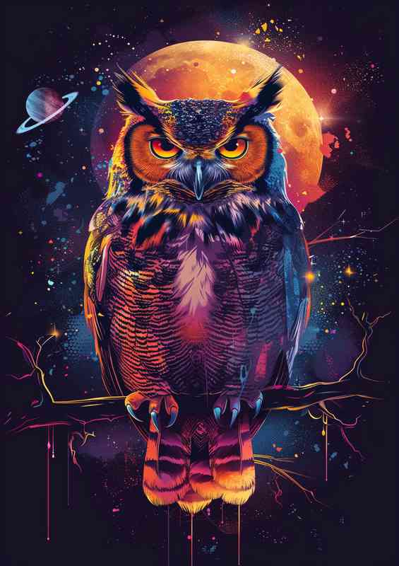 Colourful Owl sitting in space enviroment | Metal Poster