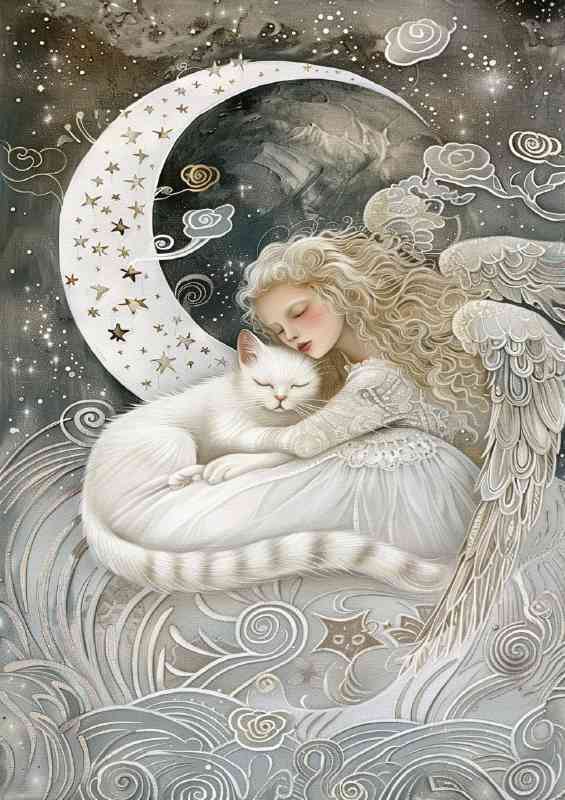 A white cat sits on the crescent moon with stars | Metal Poster