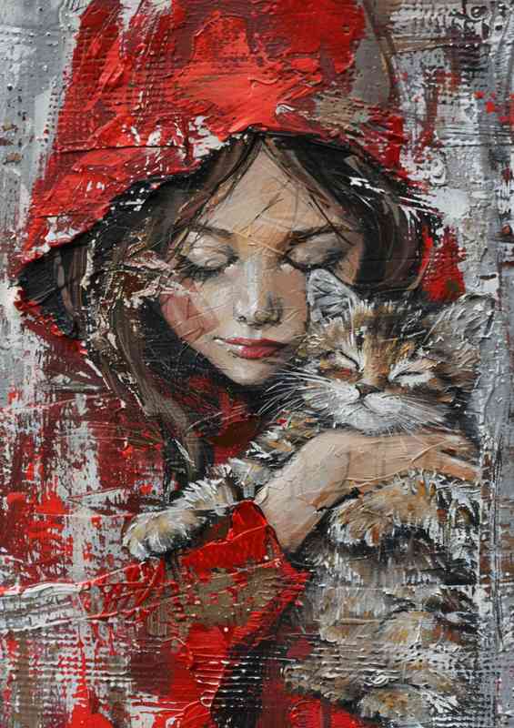 Girl in red hood with Cat | Metal Poster