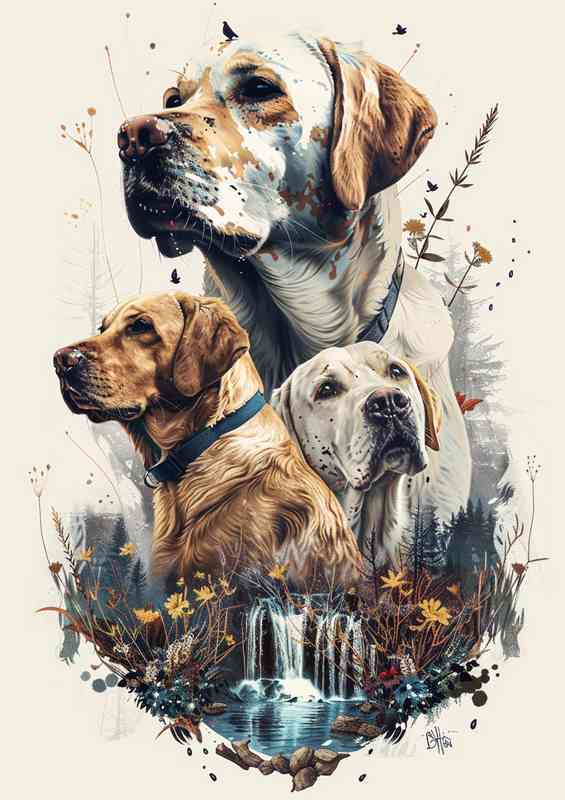 Three labrador dogs forest | Metal Poster