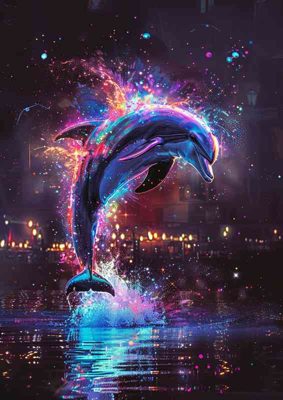 Dolphin is jumping into an ocean with colour splash | Metal Poster