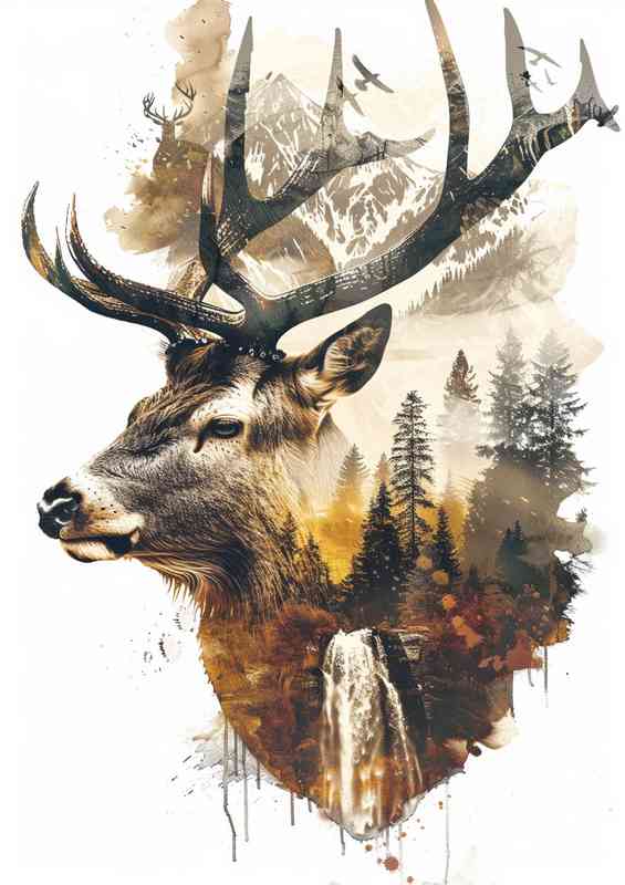 Double exposure of the deer head and antlers | Metal Poster