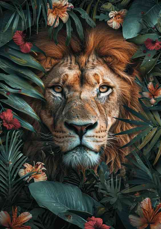 Jungle lion through the flowers | Metal Poster