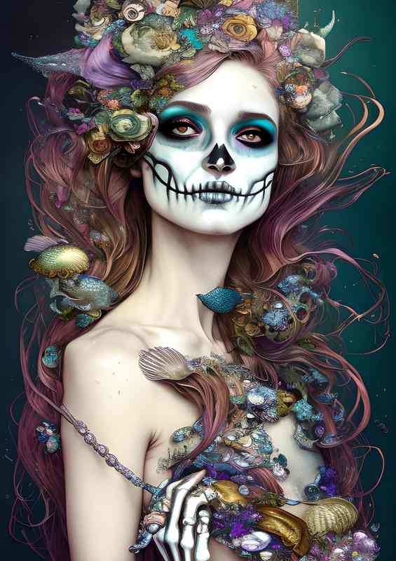 Mermaid Skeleton Beauty Day Of Dead | Metal Poster