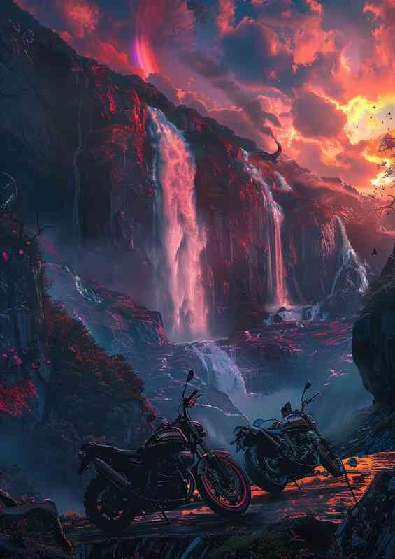 Two motorcycles in front of a waterfall | Metal Poster