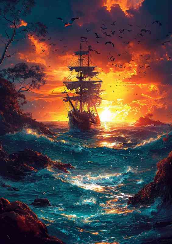 Seascape with a pirate ship in the ocean | Metal Poster