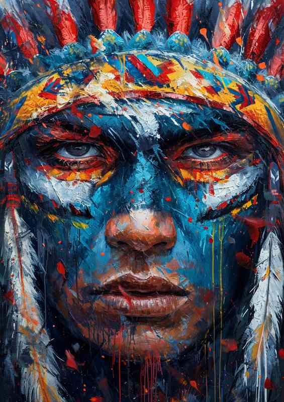 A blue faced indian with full head gear on | Metal Poster