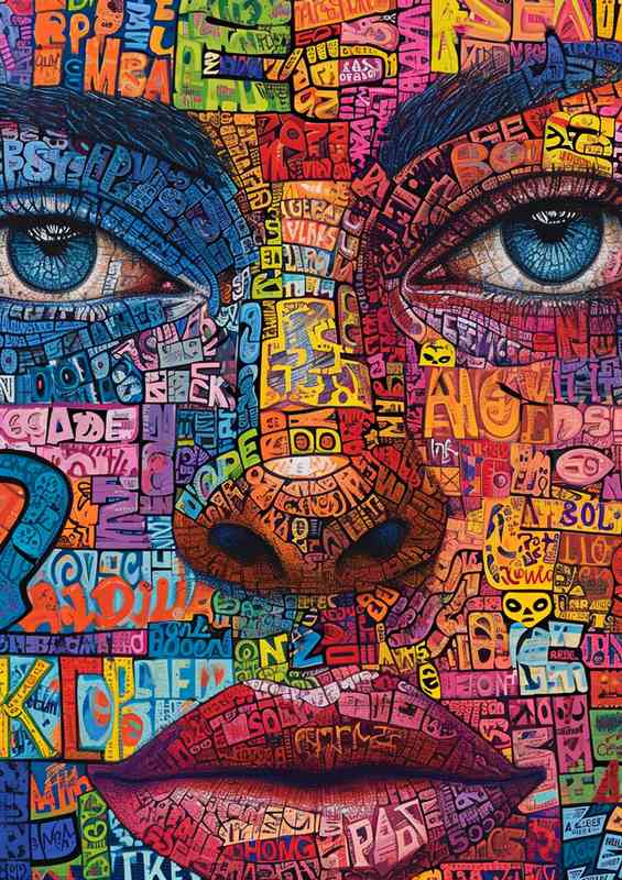 Different words on a ladys face street art | Metal Poster