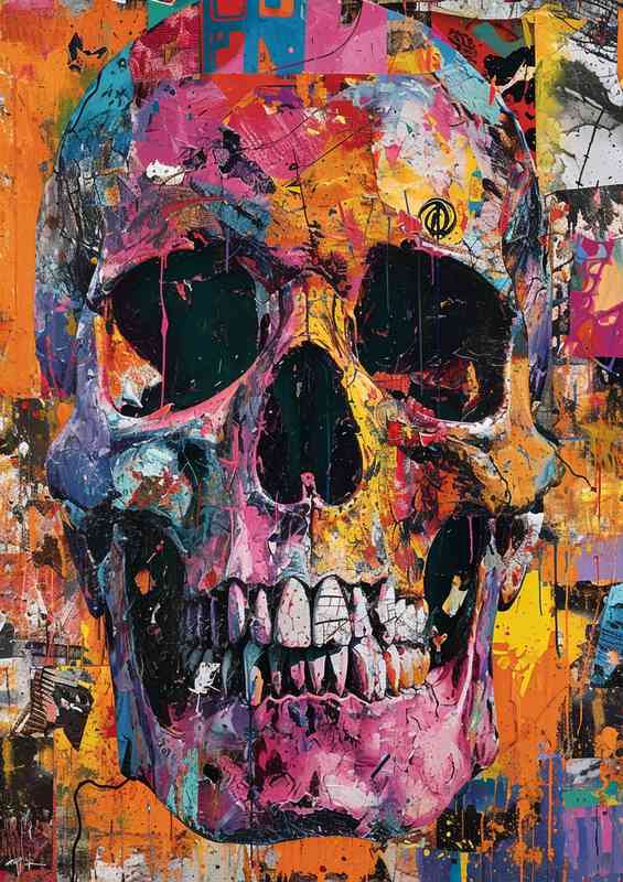 Painting of a skull surrounded by various materials | Metal Poster