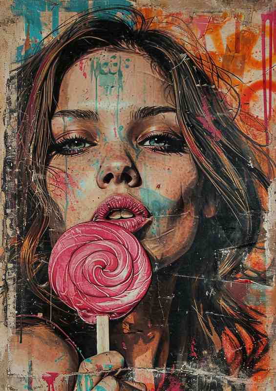 Woman with a pink lollipop street art | Metal Poster