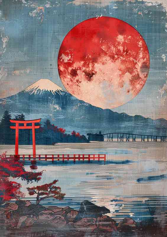 A Japanese moon rising over mount Edna | Metal Poster
