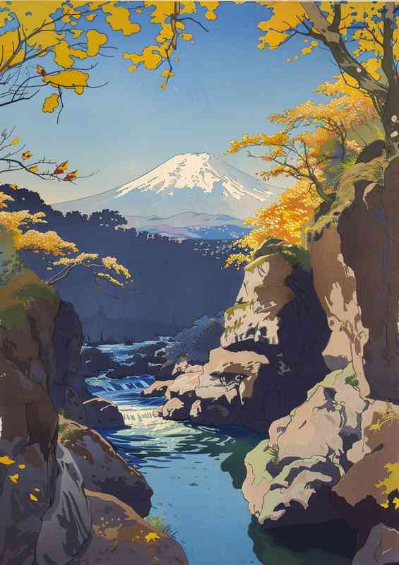 Japanese Mount Fuji through the valley | Metal Poster