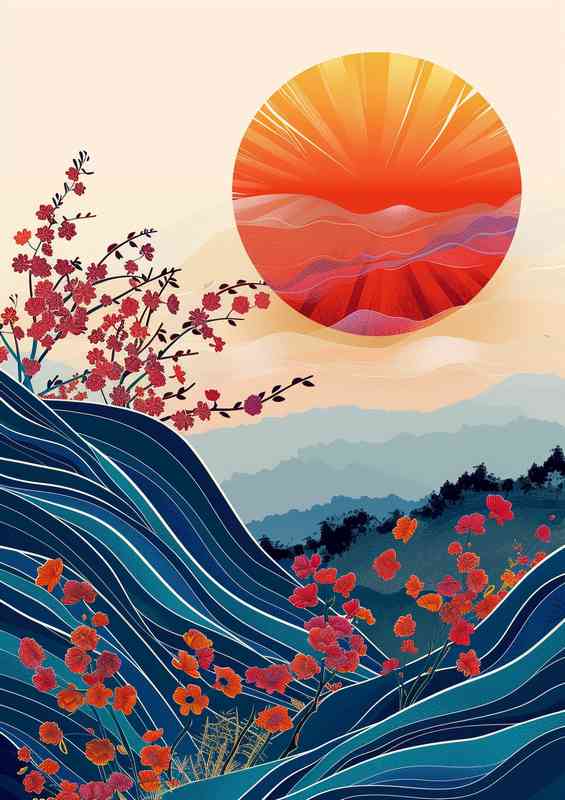 Japanese poster art sun and waves | Metal Poster