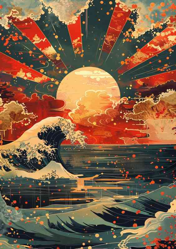Japanese sun rising over the ocean | Metal Poster
