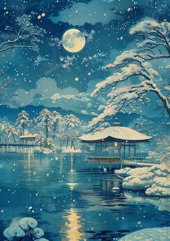 Snow scene at night by the lake | Metal Poster