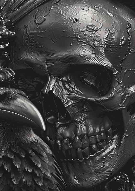 A black skull and raven | Metal Poster