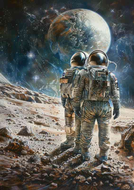 Two Astronauts standing on a deserted planet | Metal Poster