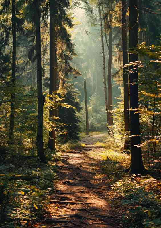 Sunlight in the forest and walkway | Metal Poster