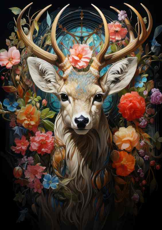 Luminous Realm Art of Darren The Deer amidst Flowers Metal Poster