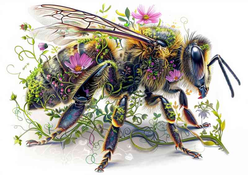 A beautiful honey bee made of moss vines and flowers | Metal Poster