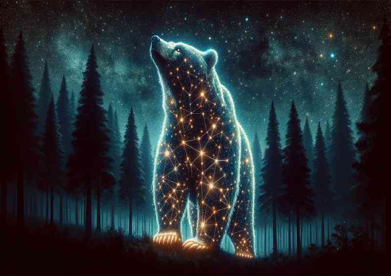 Bear made of constellation patterns standing in a mystical forest at night | Metal Poster