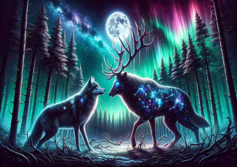 Celestial showdown a starry Wolf and a moonlit Stag | Metal Poster