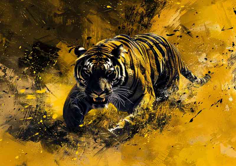 The Tiger runs in a dark and yellow with Splash art | Metal Poster