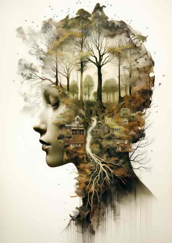 Wilderness in Layers Double Exposure Drama Womans Head | Metal Poster