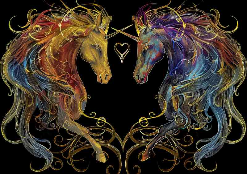 Two Unicorns with long manes and tails their colors | Metal Poster