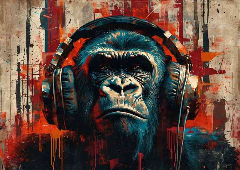 Painting of a gorilla headphones with red splashed art | Metal Poster