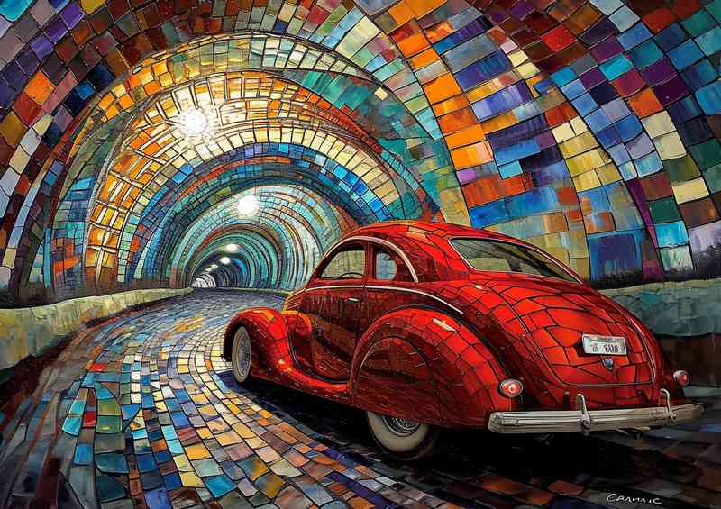 The red sleek car in a mozaic tunnel | Metal Poster