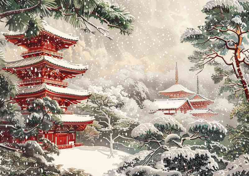 Snow falling on japanese temples | Metal Poster