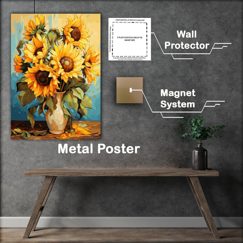 Buy Metal Poster : (Vibrant Sunflowers Dancing Under Summer Sky)