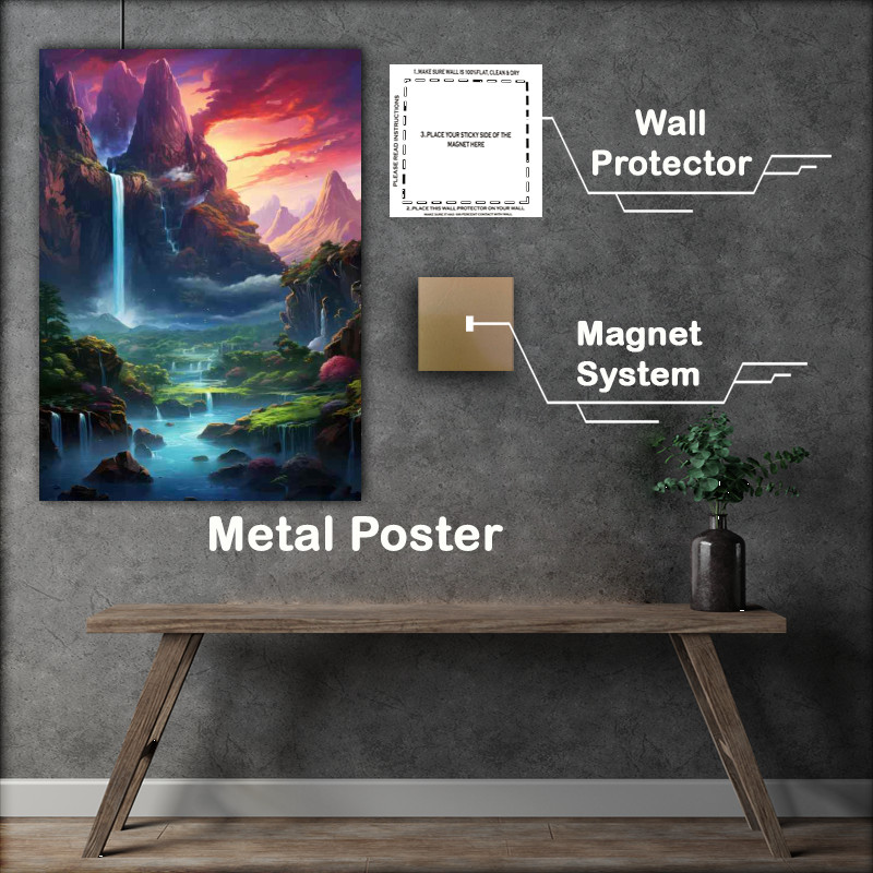 Buy Metal Poster : (Vibrant Skies With Waterfalls)