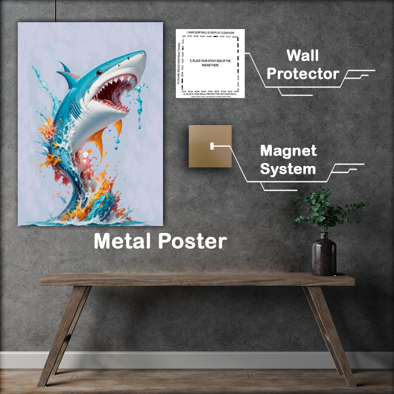 Buy Metal Poster : (Chromatic Predator Shark jumping out of the sea)
