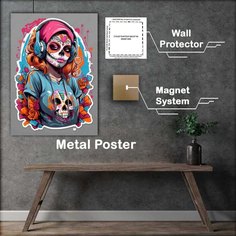 Buy Metal Poster : (Vibrant Skull Sneaker Symphony Lady of the Dead Art)