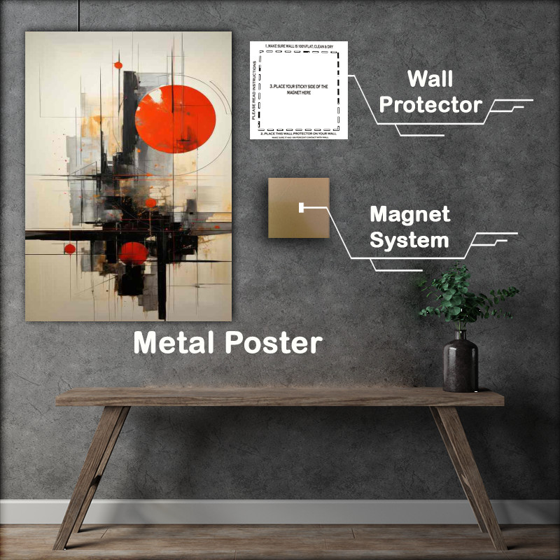 Buy Metal Poster : (Painting Abstract a red ball and straight lines)